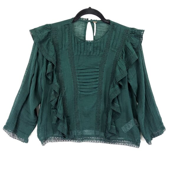 Free People Jasmine Blouse Size Small Ruffle 3/4 Sleeve Sheer Top Emerald Green - Picture 2 of 15